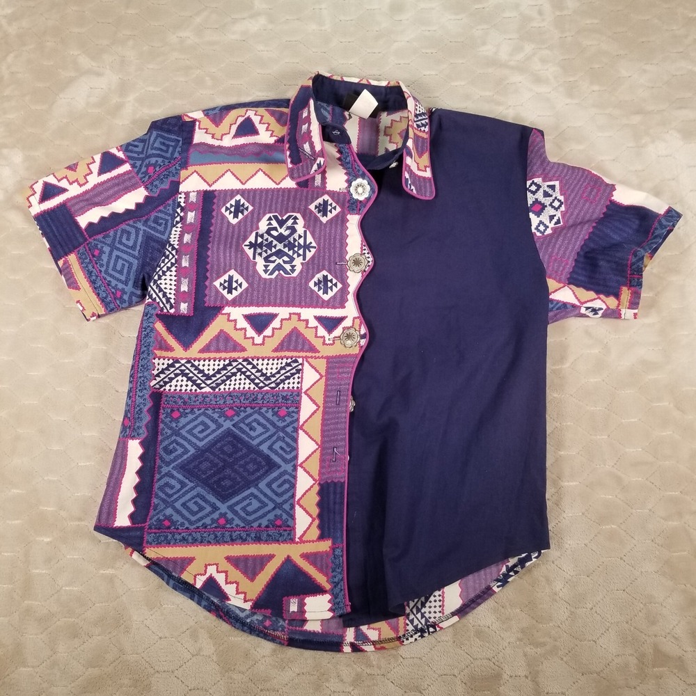VTG Roughrider By Circle T Women's Aztec Western Button Down Short Sleeve Sz Lg